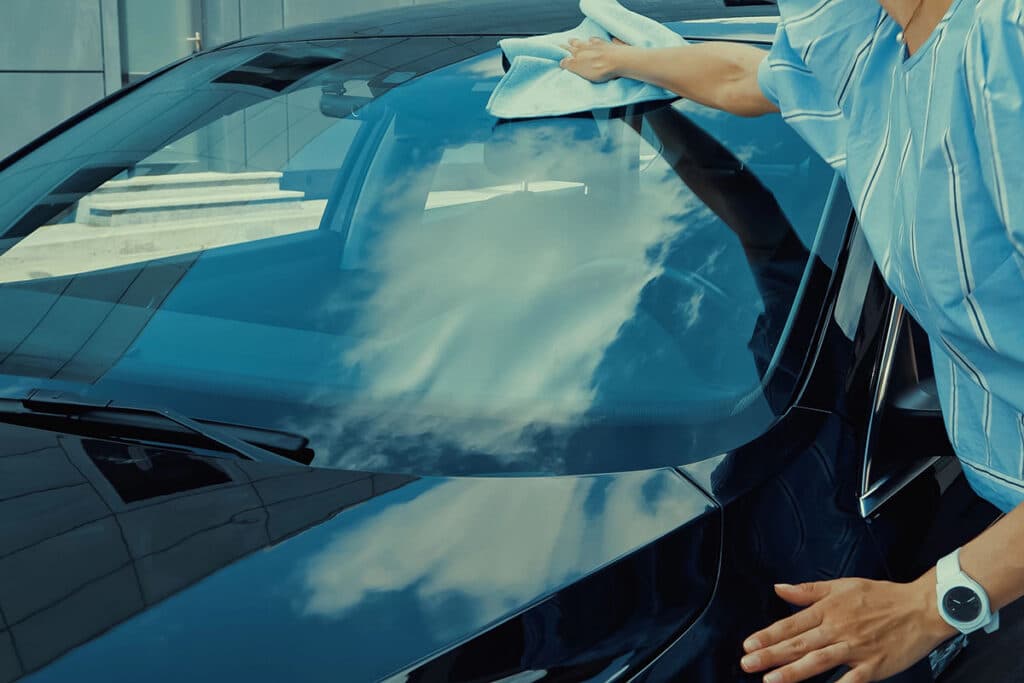 A person using a light blue microfiber cloth to wipe down the clean, tinted windshield of a black car.